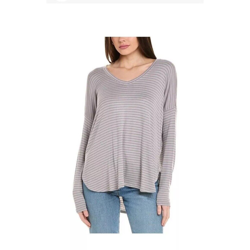 Cabi Long Sleeve Tee Large Pewter Stripe Plum Womens Stretch Tunic Length New